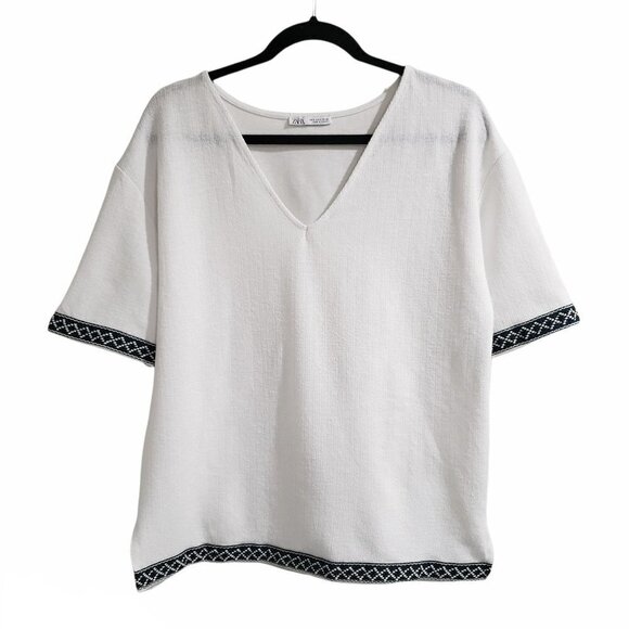 Zara White V Neck Embroidered Boxy Top Size Small - Picture 2 of 10